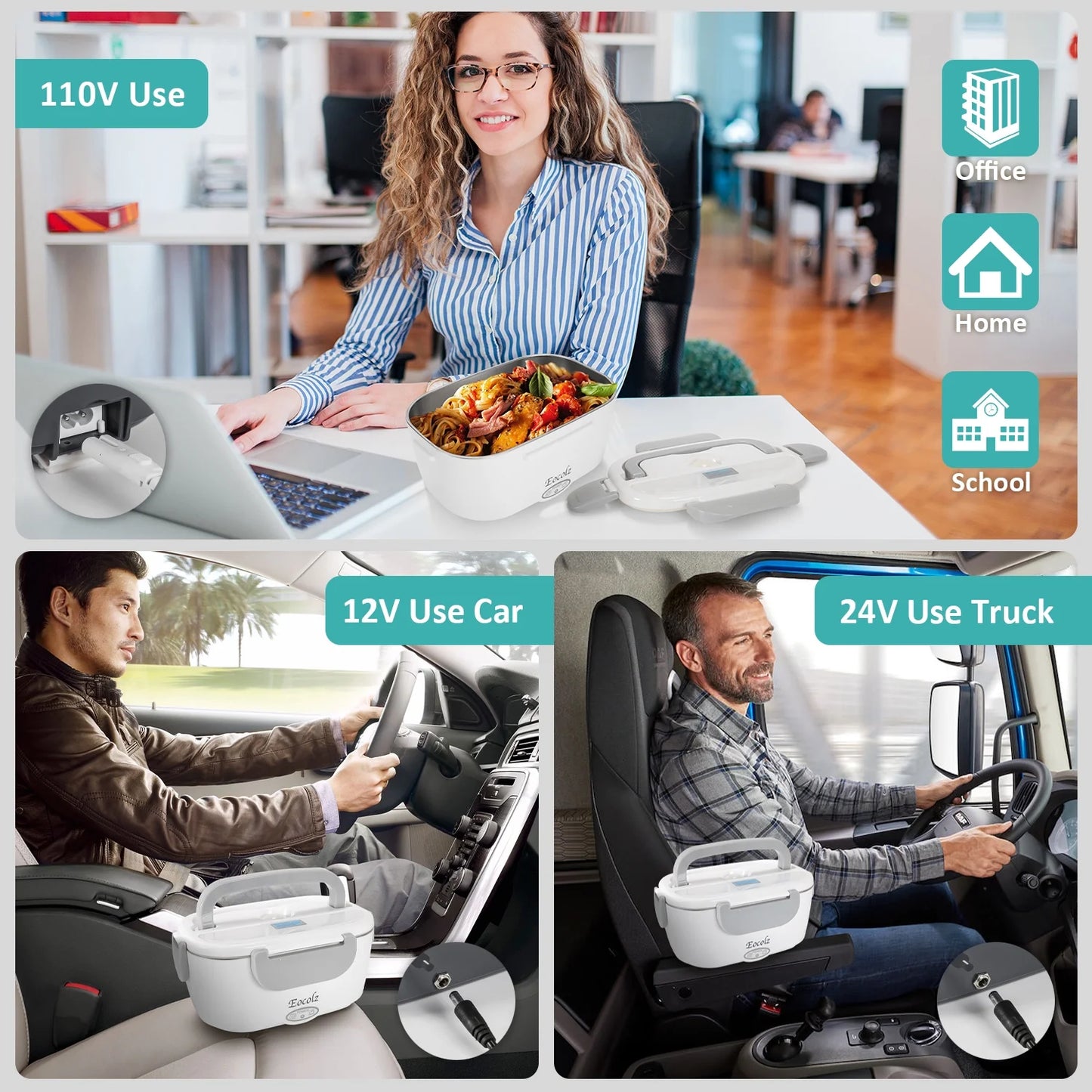 Electric Lunch Box 60W Food Heater Warmer, 2 in 1 Portable Lunch Box for Car Truck Home Work Leak Proof with 1.5L Removable 304 Stainless Steel Container & Spoon 2 Compartments 110V 12V 24V
