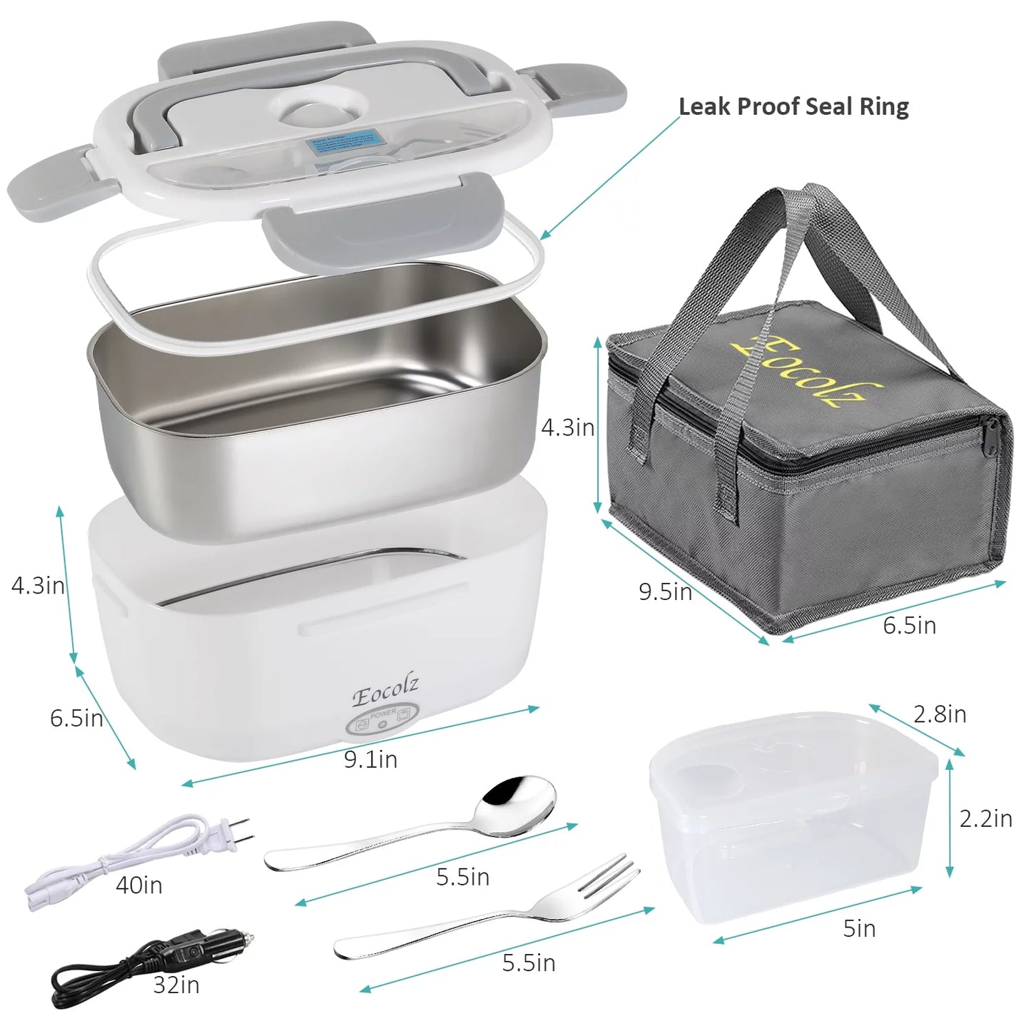 Electric Lunch Box 60W Food Heater Warmer, 2 in 1 Portable Lunch Box for Car Truck Home Work Leak Proof with 1.5L Removable 304 Stainless Steel Container & Spoon 2 Compartments 110V 12V 24V