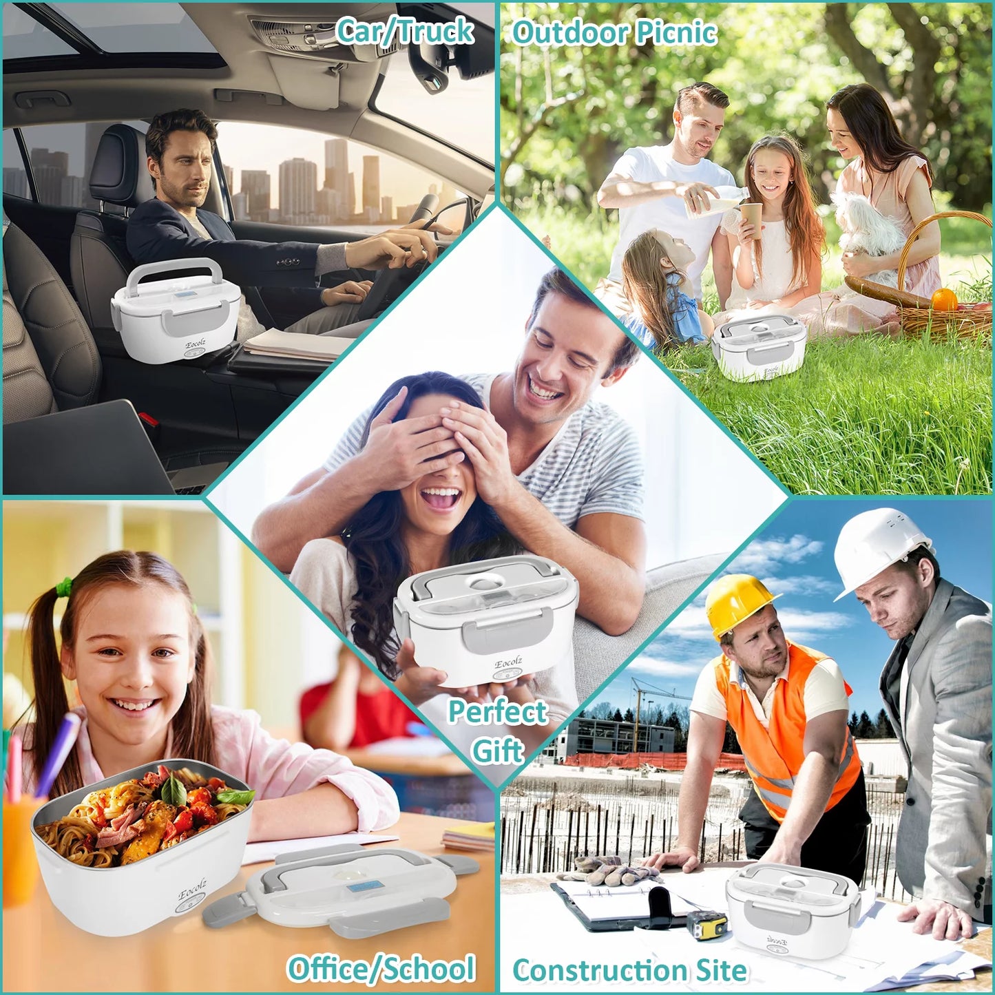 Electric Lunch Box 60W Food Heater Warmer, 2 in 1 Portable Lunch Box for Car Truck Home Work Leak Proof with 1.5L Removable 304 Stainless Steel Container & Spoon 2 Compartments 110V 12V 24V