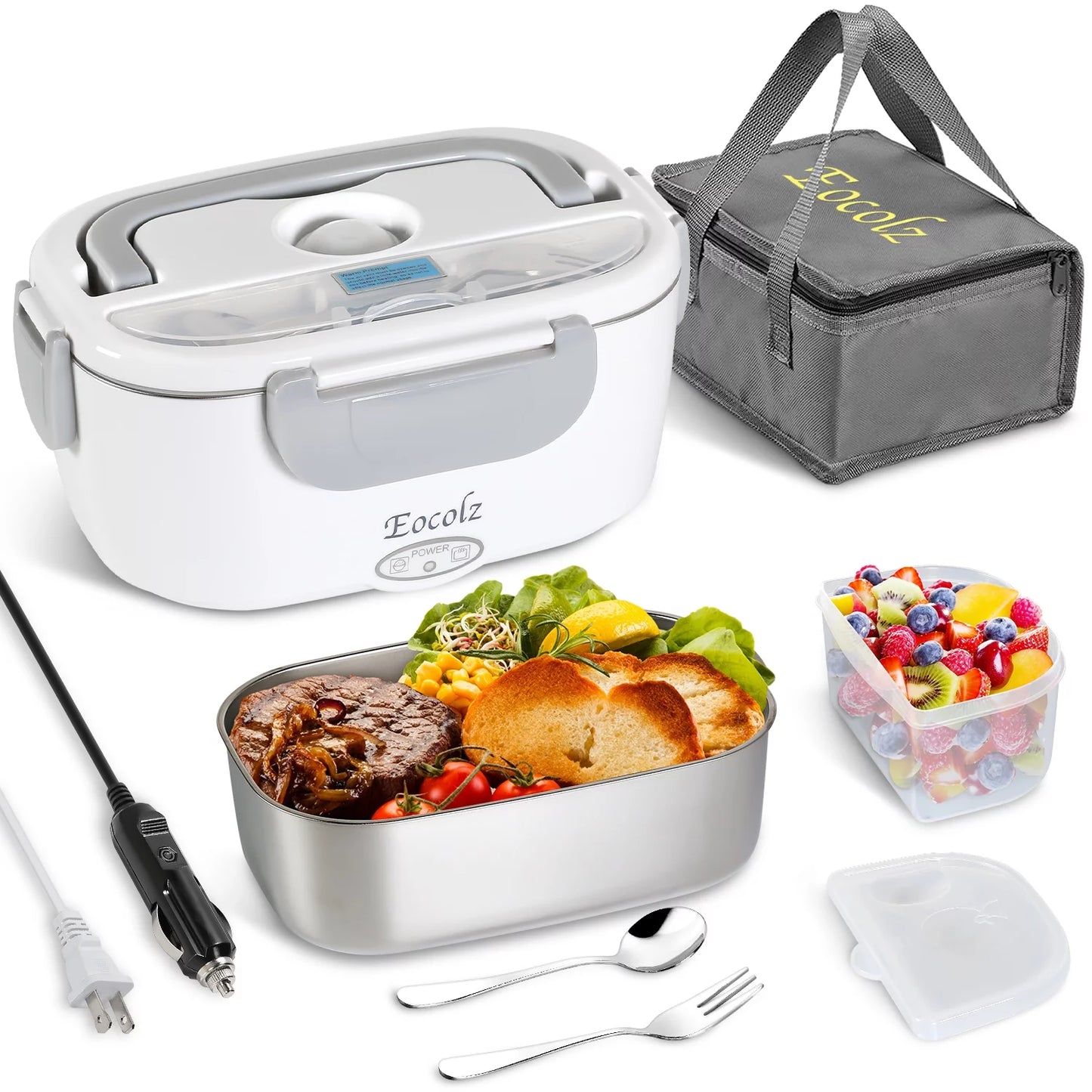 Electric Lunch Box 60W Food Heater Warmer, 2 in 1 Portable Lunch Box for Car Truck Home Work Leak Proof with 1.5L Removable 304 Stainless Steel Container & Spoon 2 Compartments 110V 12V 24V