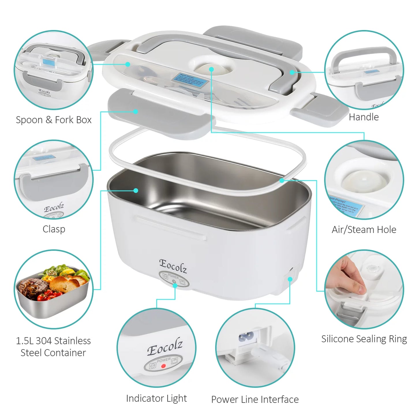 Electric Lunch Box 60W Food Heater Warmer, 2 in 1 Portable Lunch Box for Car Truck Home Work Leak Proof with 1.5L Removable 304 Stainless Steel Container & Spoon 2 Compartments 110V 12V 24V