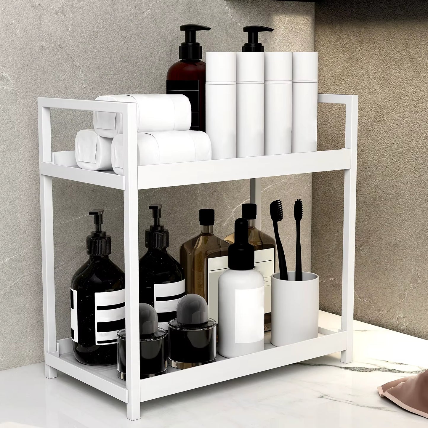 2 Tier Multifunctional Countertop Storage Rack,Bathroom Cosmetic Storage,Kitchen Spice Holder,Large-Capacity,Black and White