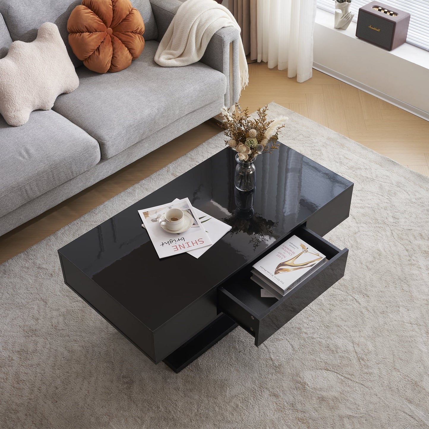 LED Coffee Table with Storage Shelf and 2 Drawers, High Gloss Cocktail Table Accent Furniture for Living Room 43.3" Black