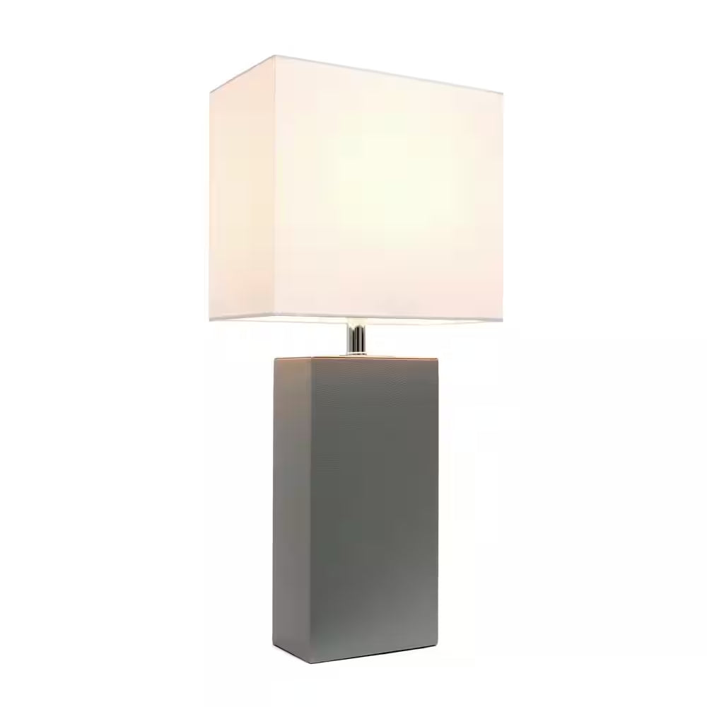 21 In. Modern Gray Leather Table Lamp with White Fabric Shade