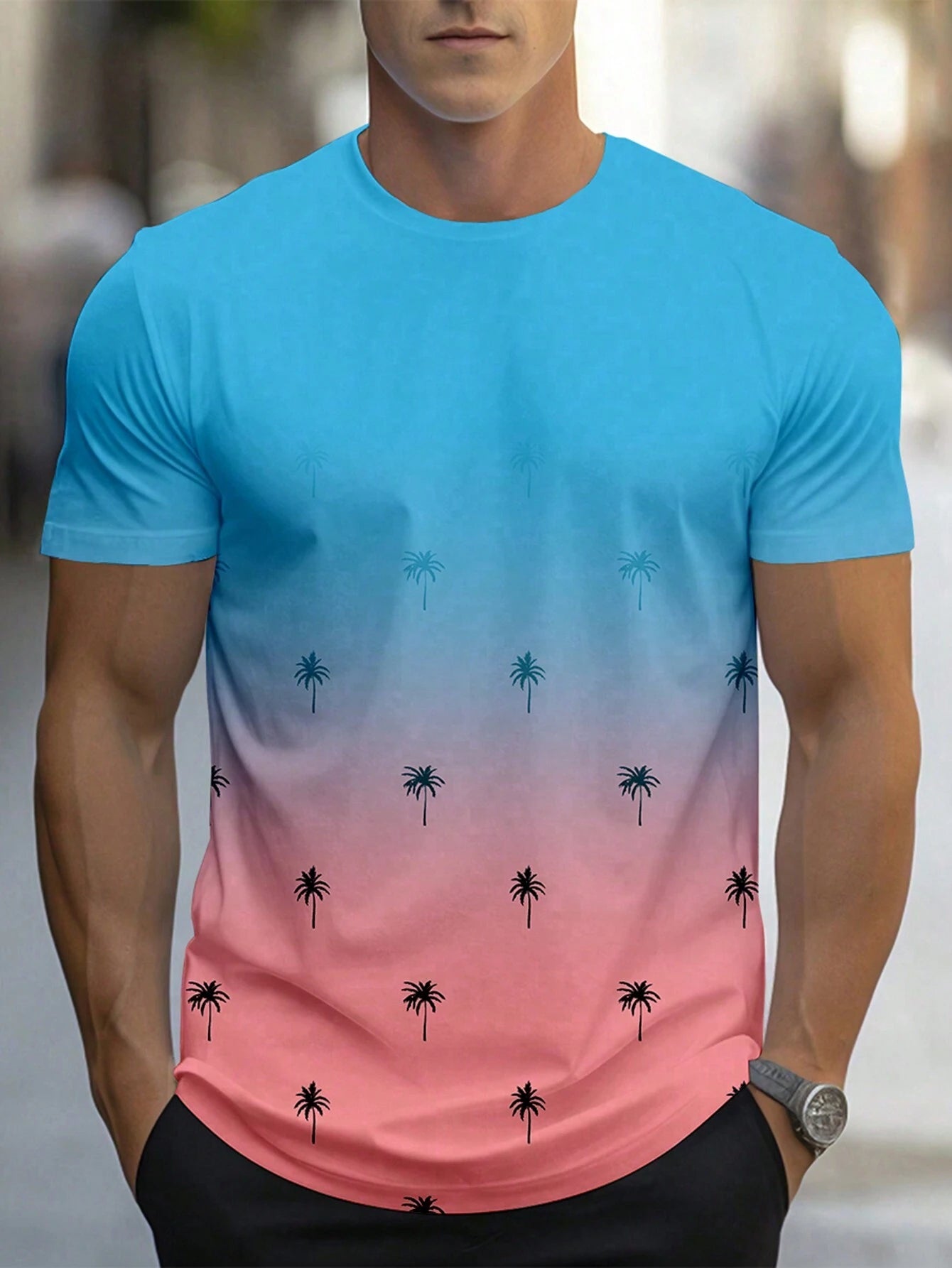 Manfinity Homme Men'S Gradient Coconut Tree Printed Short Sleeve T-Shirt