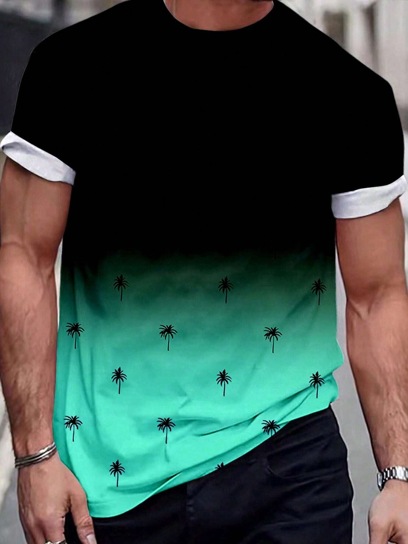 Manfinity Homme Men'S Gradient Coconut Tree Printed Short Sleeve T-Shirt