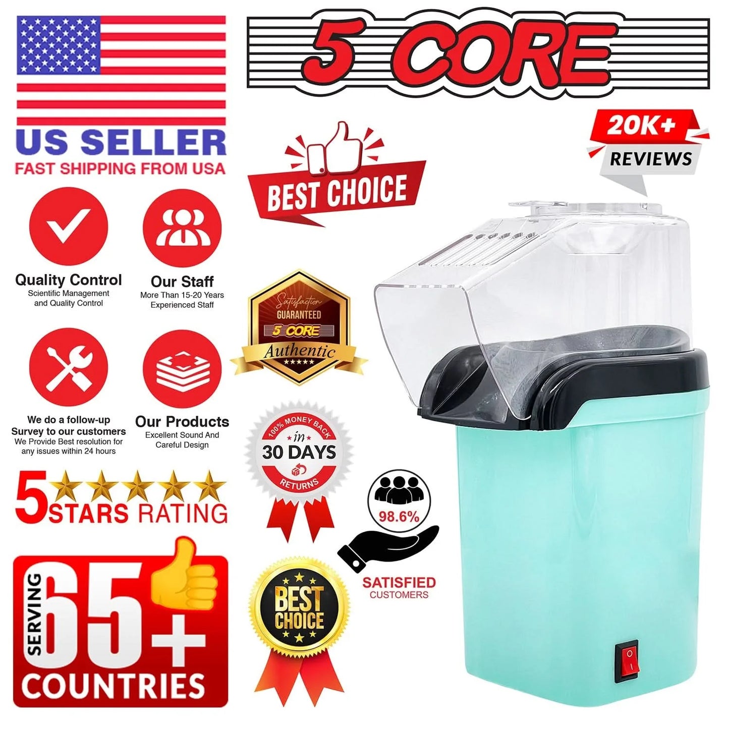 5Core Popcorn Machine 16 Cup Hot Air Popper Mini Portable Electric Pop Corn Maker