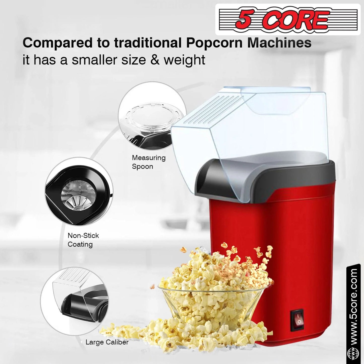 5Core Popcorn Machine 16 Cup Hot Air Popper Mini Portable Electric Pop Corn Maker