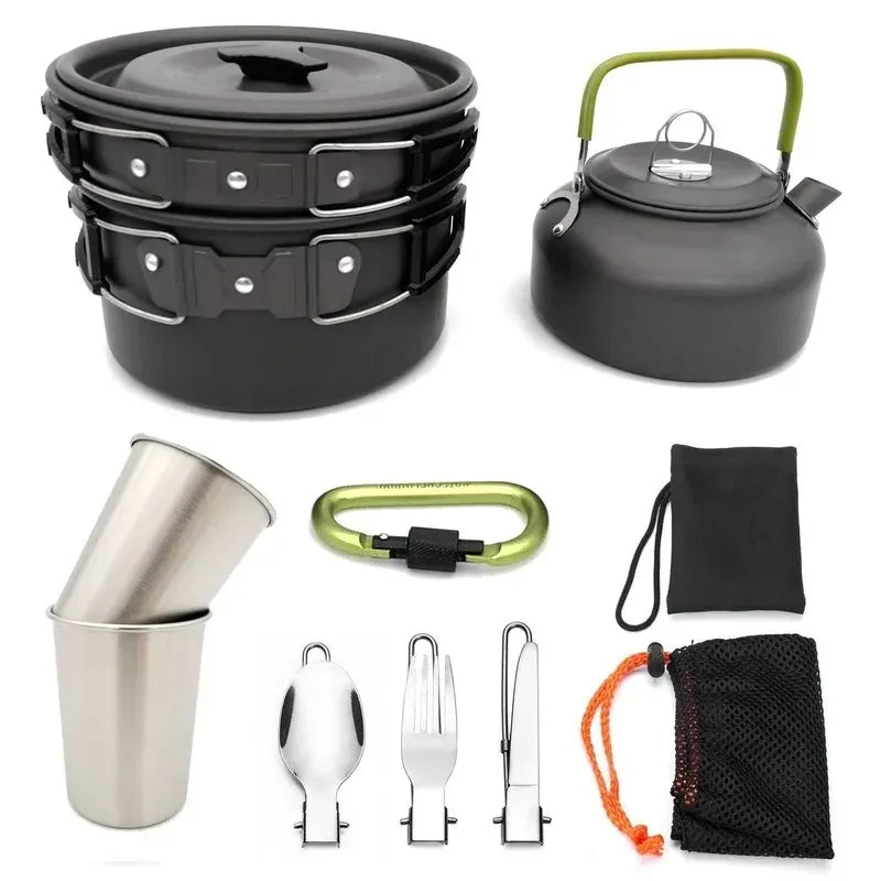 Camping Cookware Set Aluminum Non-Stick Portable Outdoor Cutlery Kettle Pot Cookware Cooking Pot Bowls for Hiking BBQ Picnic