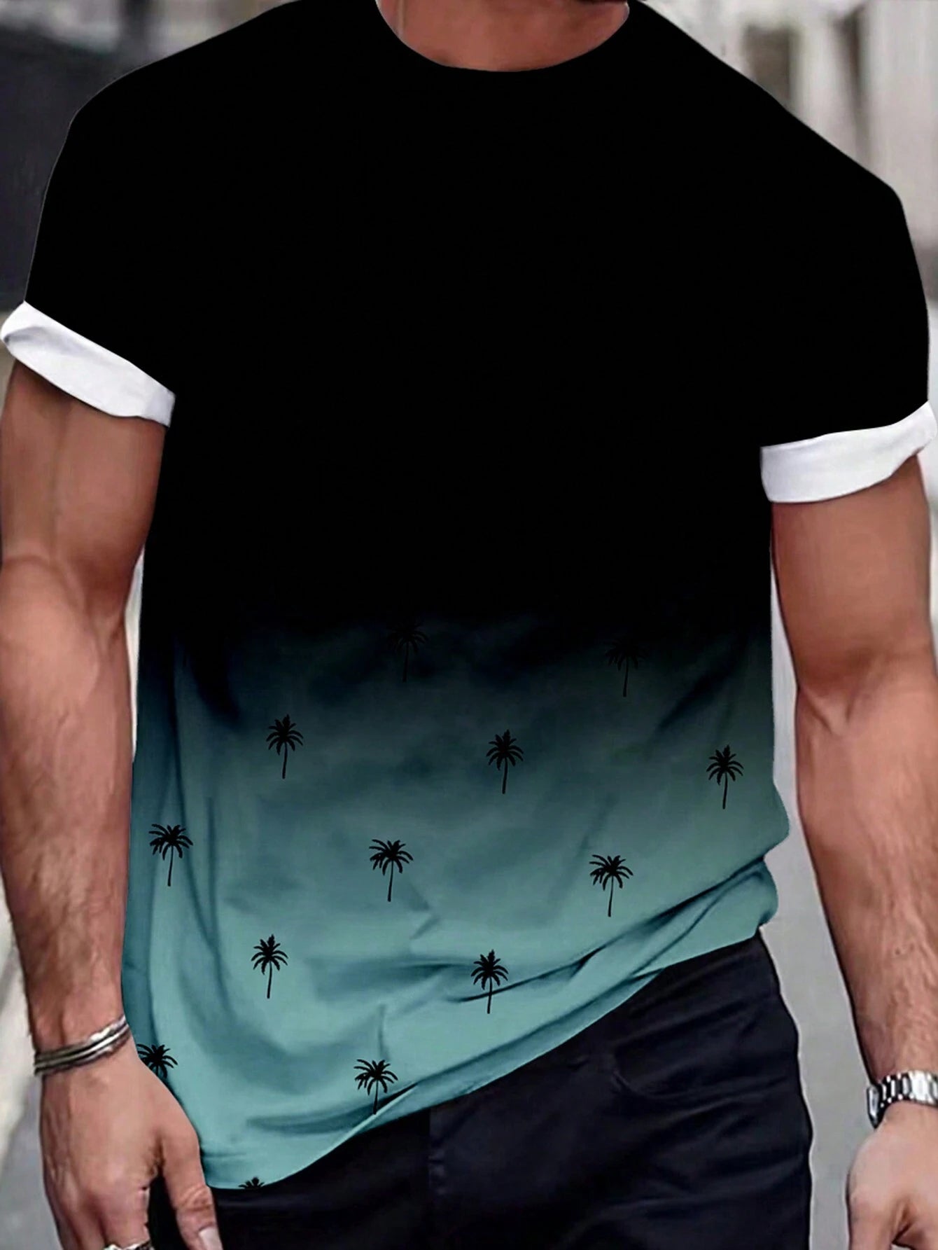 Manfinity Homme Men'S Gradient Coconut Tree Printed Short Sleeve T-Shirt