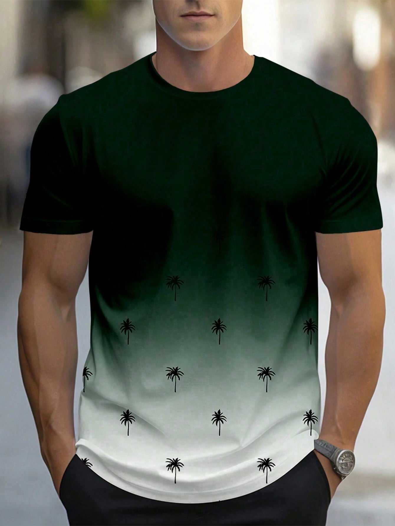 Manfinity Homme Men'S Gradient Coconut Tree Printed Short Sleeve T-Shirt