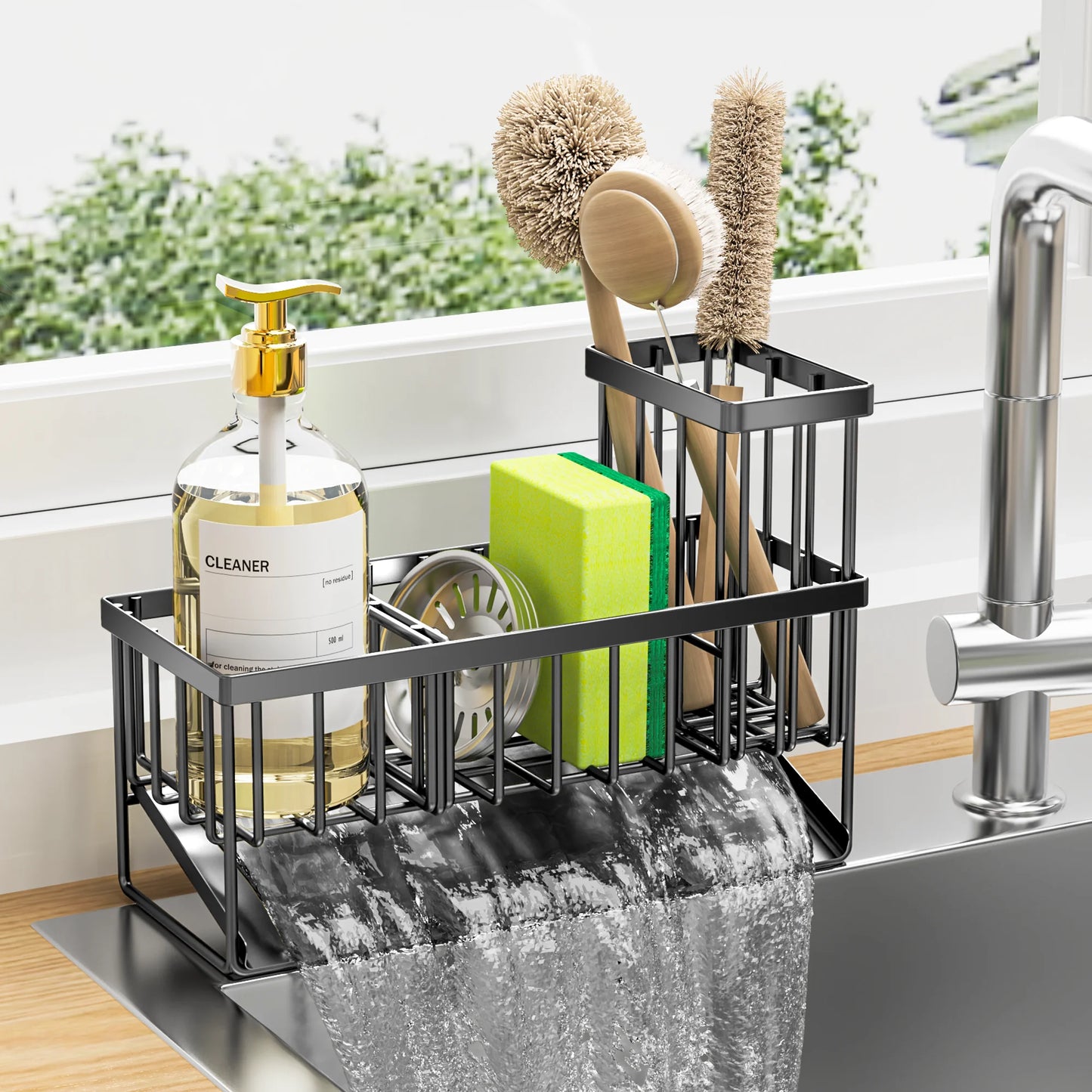 Sink Caddy Kitchen Organizer,Sponge Holder Kitchen Sink Caddy,Waterproof and Rustproof Black Kitchen Accessory