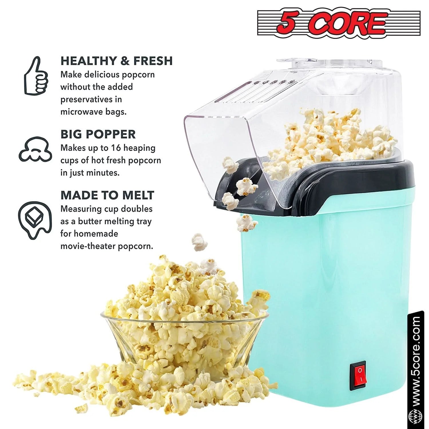 5Core Popcorn Machine 16 Cup Hot Air Popper Mini Portable Electric Pop Corn Maker