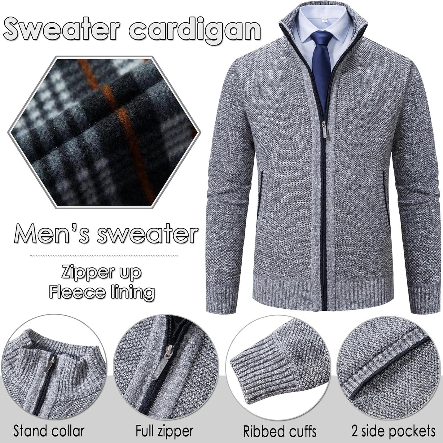 Men'S Sweaters Full Zip Slim Thick Knitted Cardigan Sweaters Jacket with Pockets