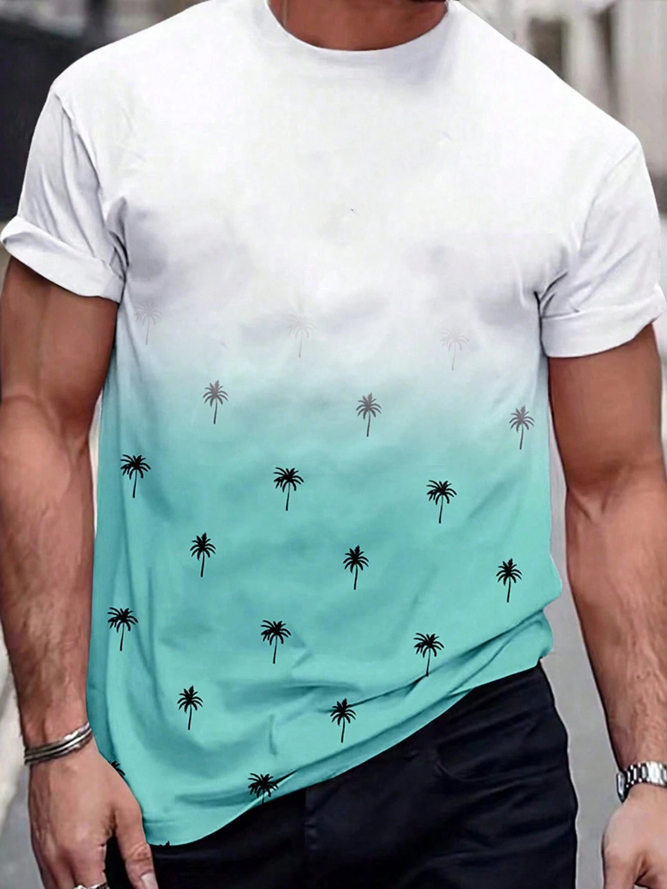 Manfinity Homme Men'S Gradient Coconut Tree Printed Short Sleeve T-Shirt