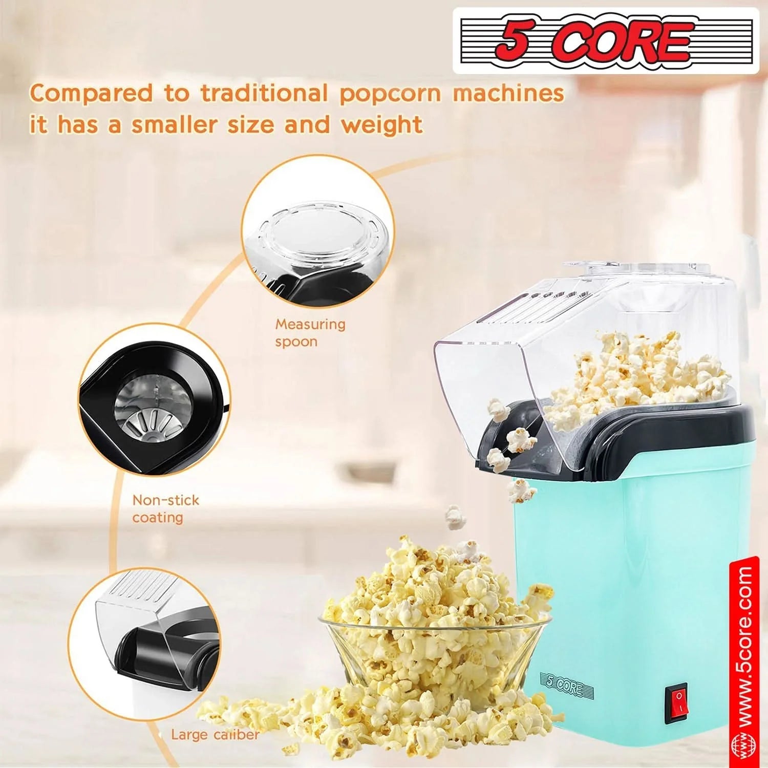 5Core Popcorn Machine 16 Cup Hot Air Popper Mini Portable Electric Pop Corn Maker