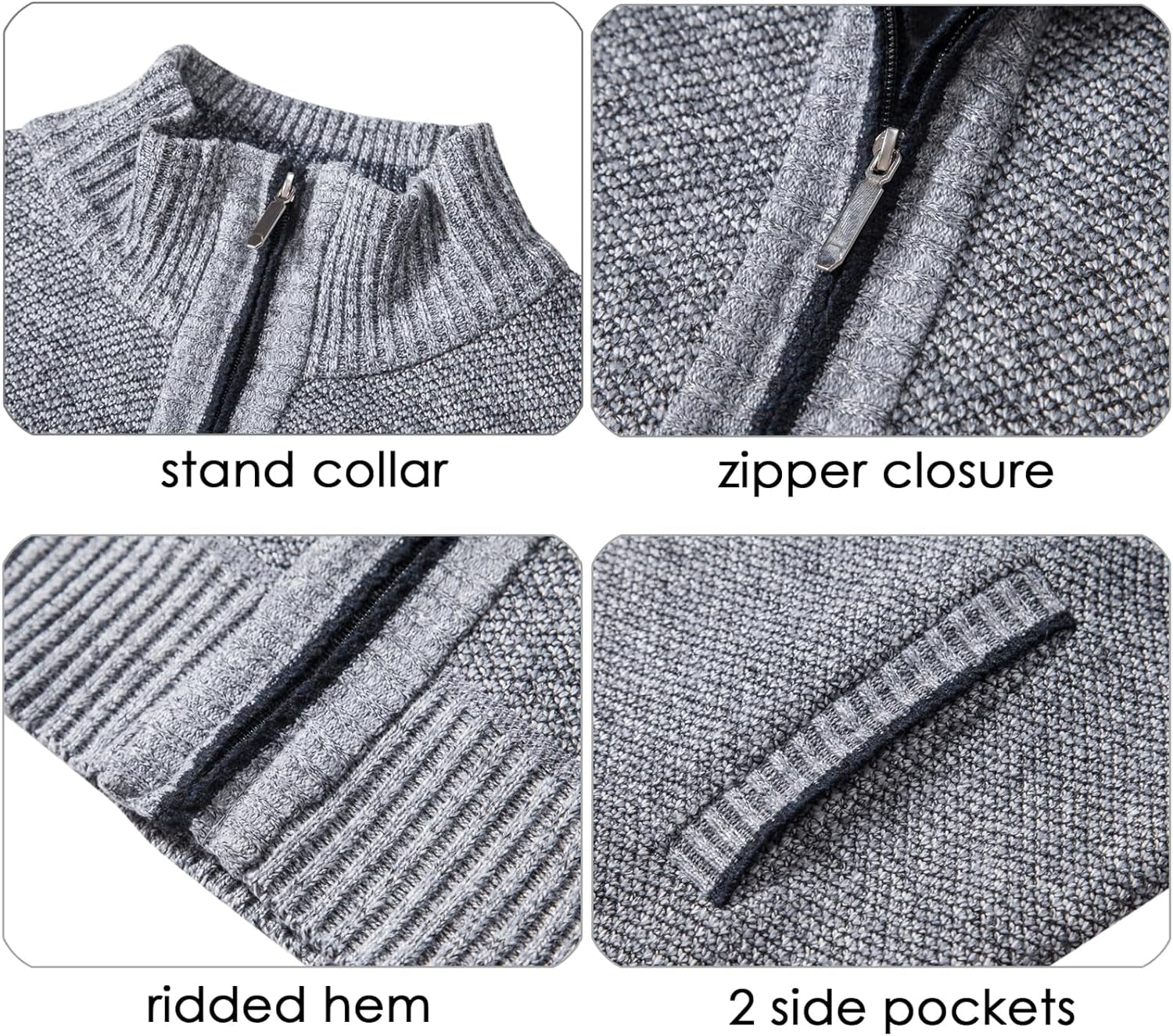 Men'S Sweaters Full Zip Slim Thick Knitted Cardigan Sweaters Jacket with Pockets