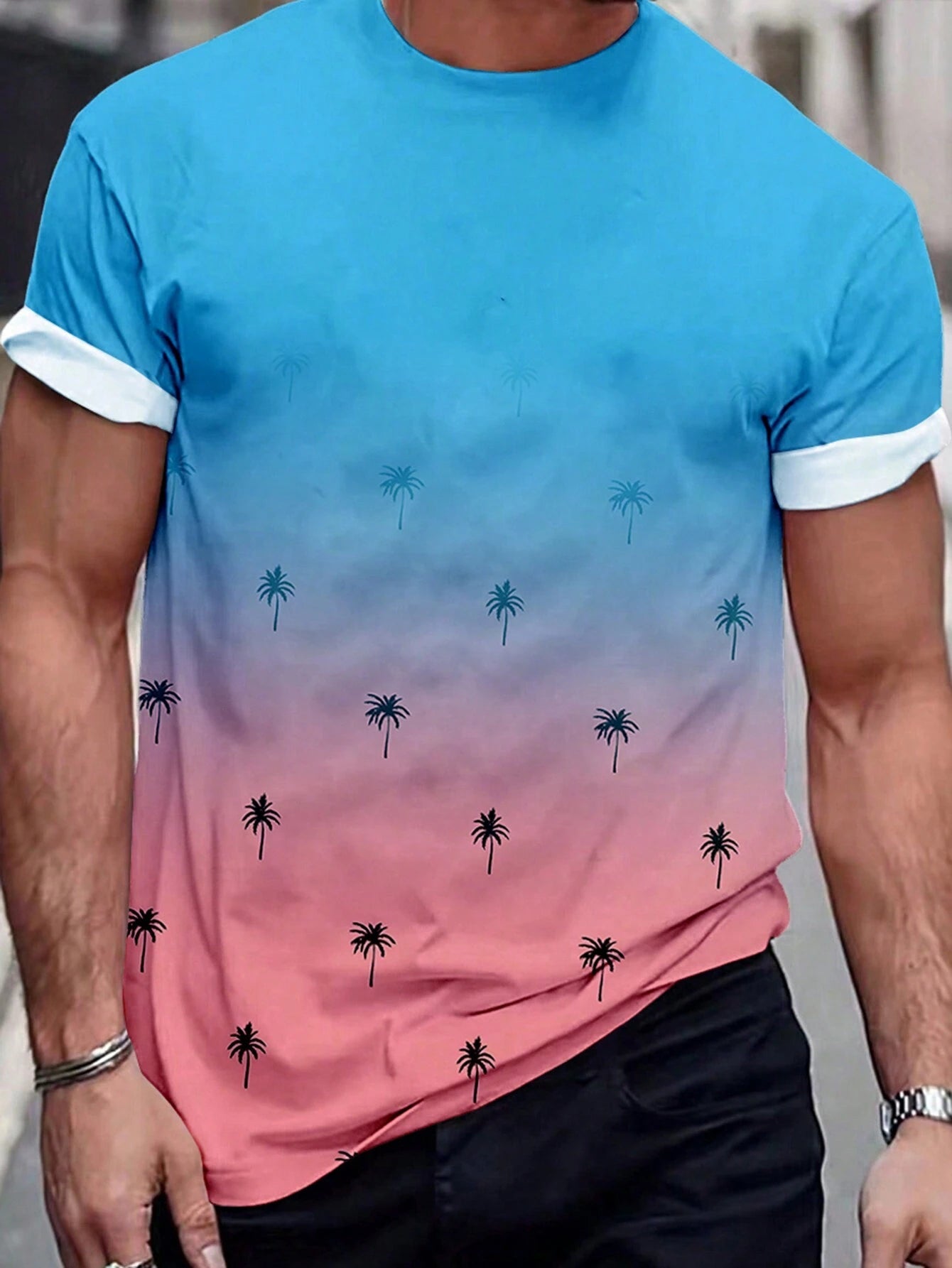 Manfinity Homme Men'S Gradient Coconut Tree Printed Short Sleeve T-Shirt