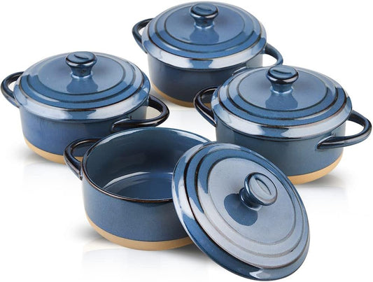 12 Oz Ramekins with Lids, Mini Casserole Dish with Lid Oven Safe, Small Casserole Dish Set, Oven Safe Bowls, Mini Dutch Oven Set of 4, Souffle Dish, Mini Baking Dishes for Oven with Lids, Farmhouse Style (Blue)