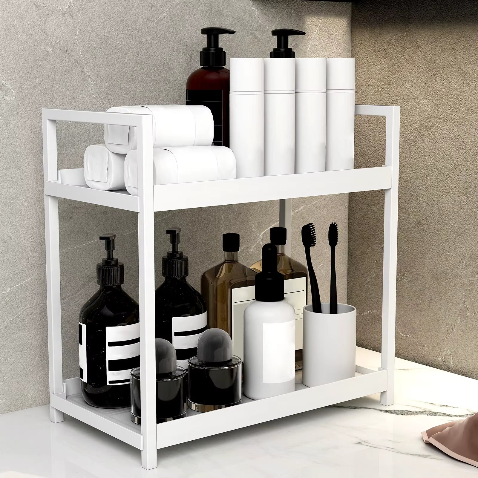 2 Tier Multifunctional Countertop Storage Rack,Bathroom Cosmetic Storage,Kitchen Spice Holder,Large-Capacity,Black and White