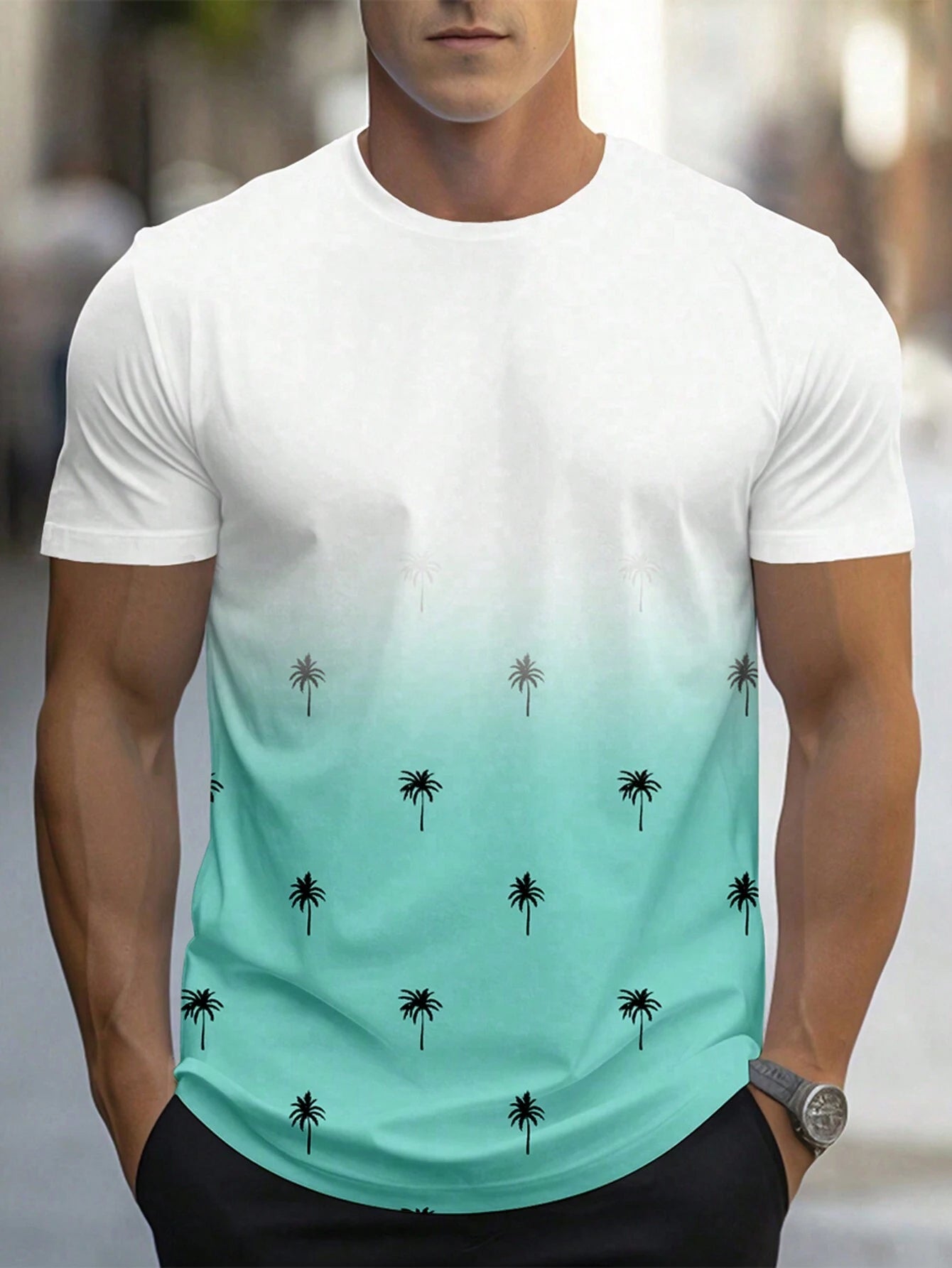 Manfinity Homme Men'S Gradient Coconut Tree Printed Short Sleeve T-Shirt