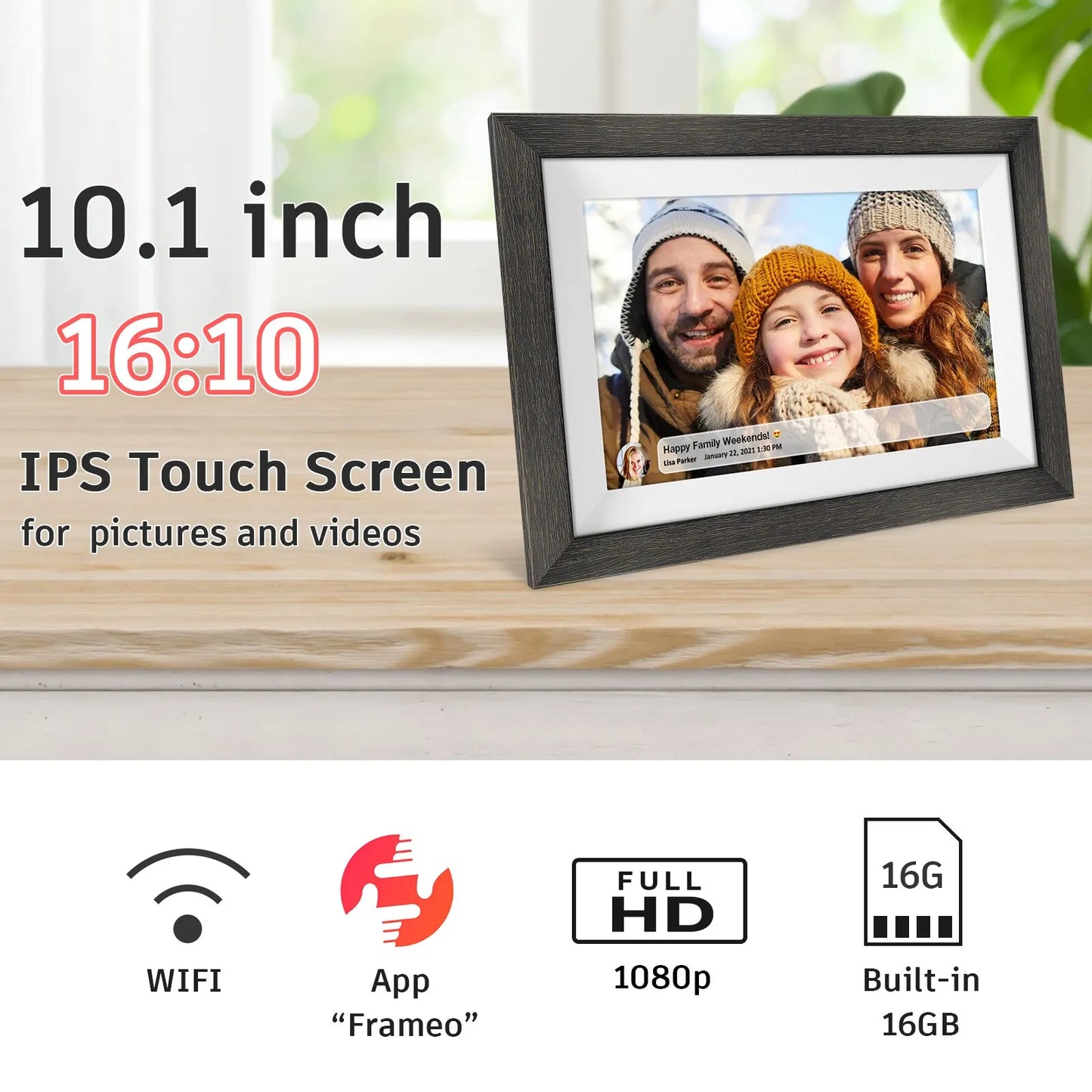 Frameo 32GB Memory 10.1 Inch Smart Digital Picture Frame Wood Wifi IPS HD 1080P Electronic Digital Photo Frame Touch Screen